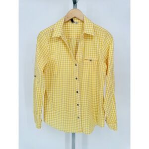 KUT from the Kloth Yellow Gingham Button Up Shirt Women's Size M Roll Tab Sleeve